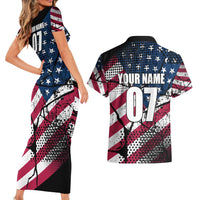Motocross Rider Couples Matching Short Sleeve Bodycon Dress and Hawaiian Shirt with American Flag Grunge Pattern and Custom Name Number - Wonder Print Shop