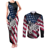 Motocross Rider Couples Matching Tank Maxi Dress and Long Sleeve Button Shirt with American Flag Grunge Pattern and Custom Name Number - Wonder Print Shop