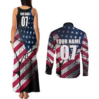 Motocross Rider Couples Matching Tank Maxi Dress and Long Sleeve Button Shirt with American Flag Grunge Pattern and Custom Name Number - Wonder Print Shop