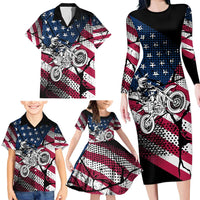 Motocross Rider Family Matching Long Sleeve Bodycon Dress and Hawaiian Shirt with American Flag Grunge Pattern and Custom Name Number - Wonder Print Shop
