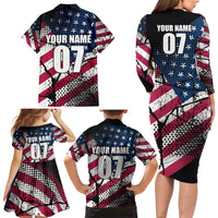 Motocross Rider Family Matching Long Sleeve Bodycon Dress and Hawaiian Shirt with American Flag Grunge Pattern and Custom Name Number - Wonder Print Shop