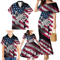 Motocross Rider Family Matching Mermaid Dress and Hawaiian Shirt with American Flag Grunge Pattern and Custom Name Number - Wonder Print Shop