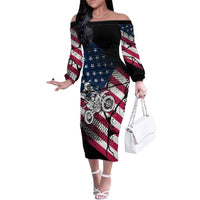 Motocross Rider Family Matching Off The Shoulder Long Sleeve Dress and Hawaiian Shirt with American Flag Grunge Pattern and Custom Name Number - Wonder Print Shop