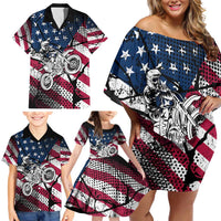 Motocross Rider Family Matching Off Shoulder Short Dress and Hawaiian Shirt with American Flag Grunge Pattern and Custom Name Number - Wonder Print Shop