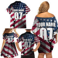 Motocross Rider Family Matching Off Shoulder Short Dress and Hawaiian Shirt with American Flag Grunge Pattern and Custom Name Number - Wonder Print Shop