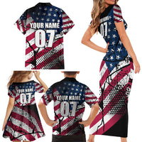 Motocross Rider Family Matching Short Sleeve Bodycon Dress and Hawaiian Shirt with American Flag Grunge Pattern and Custom Name Number - Wonder Print Shop