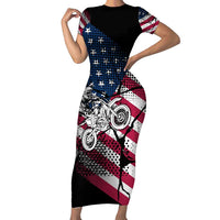 Motocross Rider Family Matching Short Sleeve Bodycon Dress and Hawaiian Shirt with American Flag Grunge Pattern and Custom Name Number - Wonder Print Shop