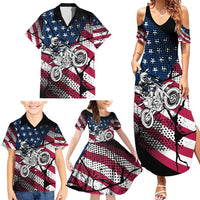 Motocross Rider Family Matching Summer Maxi Dress and Hawaiian Shirt with American Flag Grunge Pattern and Custom Name Number - Wonder Print Shop
