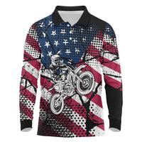 Motocross Rider Long Sleeve Polo Shirt with American Flag Grunge Pattern and Custom Name Number - Wonder Print Shop