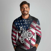 Motocross Rider Long Sleeve Polo Shirt with American Flag Grunge Pattern and Custom Name Number - Wonder Print Shop