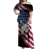 Motocross Rider Off Shoulder Maxi Dress with American Flag Grunge Pattern and Custom Name Number - Wonder Print Shop