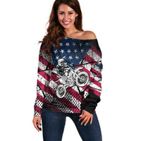 Motocross Rider Off Shoulder Sweater with American Flag Grunge Pattern and Custom Name Number - Wonder Print Shop