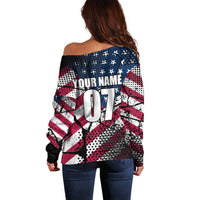 Motocross Rider Off Shoulder Sweater with American Flag Grunge Pattern and Custom Name Number - Wonder Print Shop