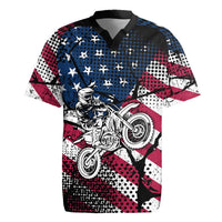 Motocross Rider Rugby Jersey with American Flag Grunge Pattern and Custom Name Number - Wonder Print Shop