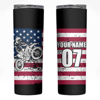 Motocross Rider Skinny Tumbler with American Flag Grunge Pattern and Custom Name Number - Wonder Print Shop