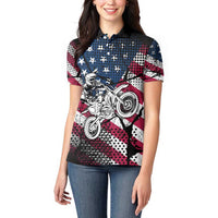 Motocross Rider Women Polo Shirt with American Flag Grunge Pattern and Custom Name Number - Wonder Print Shop