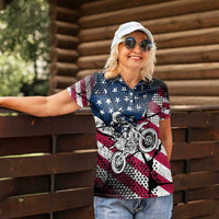 Motocross Rider Women Polo Shirt with American Flag Grunge Pattern and Custom Name Number - Wonder Print Shop