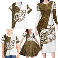 Walleye Fishing Family Matching Long Sleeve Bodycon Dress and Hawaiian Shirt with Reeds Background and Custom Name Design - Wonder Print Shop
