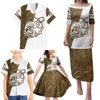 Walleye Fishing Family Matching Puletasi and Hawaiian Shirt with Reeds Background and Custom Name Design - Wonder Print Shop