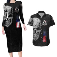 Bowling Skull Couples Matching Long Sleeve Bodycon Dress and Hawaiian Shirt with American Flag and Custom Name Text Design - Wonder Print Shop
