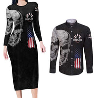 Bowling Skull Couples Matching Long Sleeve Bodycon Dress and Long Sleeve Button Shirt with American Flag and Custom Name Text Design - Wonder Print Shop