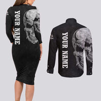 Bowling Skull Couples Matching Long Sleeve Bodycon Dress and Long Sleeve Button Shirt with American Flag and Custom Name Text Design - Wonder Print Shop