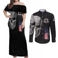 Bowling Skull Couples Matching Off Shoulder Maxi Dress and Long Sleeve Button Shirt with American Flag and Custom Name Text Design - Wonder Print Shop