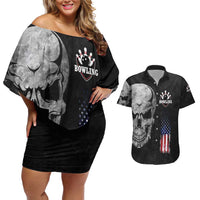 Bowling Skull Couples Matching Off Shoulder Short Dress and Hawaiian Shirt with American Flag and Custom Name Text Design - Wonder Print Shop