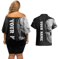 Bowling Skull Couples Matching Off Shoulder Short Dress and Hawaiian Shirt with American Flag and Custom Name Text Design - Wonder Print Shop