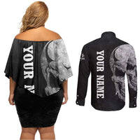 Bowling Skull Couples Matching Off Shoulder Short Dress and Long Sleeve Button Shirt with American Flag and Custom Name Text Design - Wonder Print Shop