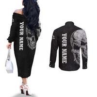 Bowling Skull Couples Matching Off The Shoulder Long Sleeve Dress and Long Sleeve Button Shirt with American Flag and Custom Name Text Design - Wonder Print Shop