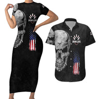 Bowling Skull Couples Matching Short Sleeve Bodycon Dress and Hawaiian Shirt with American Flag and Custom Name Text Design - Wonder Print Shop