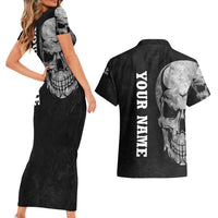 Bowling Skull Couples Matching Short Sleeve Bodycon Dress and Hawaiian Shirt with American Flag and Custom Name Text Design - Wonder Print Shop