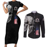 Bowling Skull Couples Matching Short Sleeve Bodycon Dress and Long Sleeve Button Shirt with American Flag and Custom Name Text Design - Wonder Print Shop