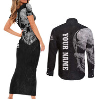 Bowling Skull Couples Matching Short Sleeve Bodycon Dress and Long Sleeve Button Shirt with American Flag and Custom Name Text Design - Wonder Print Shop
