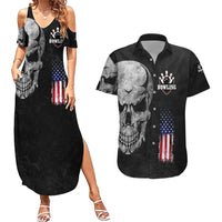 Bowling Skull Couples Matching Summer Maxi Dress and Hawaiian Shirt with American Flag and Custom Name Text Design - Wonder Print Shop