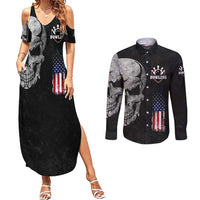 Bowling Skull Couples Matching Summer Maxi Dress and Long Sleeve Button Shirt with American Flag and Custom Name Text Design - Wonder Print Shop