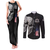 Bowling Skull Couples Matching Tank Maxi Dress and Long Sleeve Button Shirt with American Flag and Custom Name Text Design - Wonder Print Shop