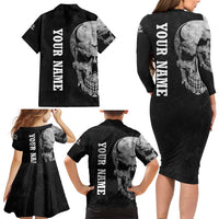 Bowling Skull Family Matching Long Sleeve Bodycon Dress and Hawaiian Shirt with American Flag and Custom Name Text Design - Wonder Print Shop