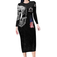 Bowling Skull Family Matching Long Sleeve Bodycon Dress and Hawaiian Shirt with American Flag and Custom Name Text Design - Wonder Print Shop