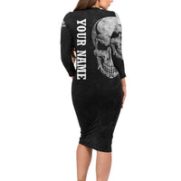 Bowling Skull Family Matching Long Sleeve Bodycon Dress and Hawaiian Shirt with American Flag and Custom Name Text Design - Wonder Print Shop