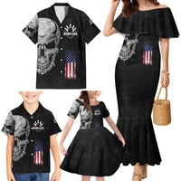 Bowling Skull Family Matching Mermaid Dress and Hawaiian Shirt with American Flag and Custom Name Text Design - Wonder Print Shop