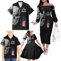Bowling Skull Family Matching Off The Shoulder Long Sleeve Dress and Hawaiian Shirt with American Flag and Custom Name Text Design - Wonder Print Shop