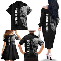 Bowling Skull Family Matching Off The Shoulder Long Sleeve Dress and Hawaiian Shirt with American Flag and Custom Name Text Design - Wonder Print Shop