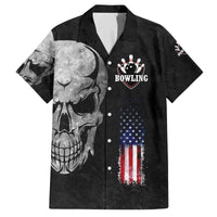 Bowling Skull Family Matching Off The Shoulder Long Sleeve Dress and Hawaiian Shirt with American Flag and Custom Name Text Design - Wonder Print Shop