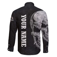 Bowling Skull Family Matching Off The Shoulder Long Sleeve Dress and Hawaiian Shirt with American Flag and Custom Name Text Design - Wonder Print Shop