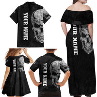 Bowling Skull Family Matching Off Shoulder Maxi Dress and Hawaiian Shirt with American Flag and Custom Name Text Design - Wonder Print Shop