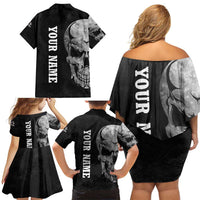 Bowling Skull Family Matching Off Shoulder Short Dress and Hawaiian Shirt with American Flag and Custom Name Text Design - Wonder Print Shop