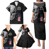 Bowling Skull Family Matching Puletasi and Hawaiian Shirt with American Flag and Custom Name Text Design - Wonder Print Shop