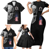 Bowling Skull Family Matching Short Sleeve Bodycon Dress and Hawaiian Shirt with American Flag and Custom Name Text Design - Wonder Print Shop